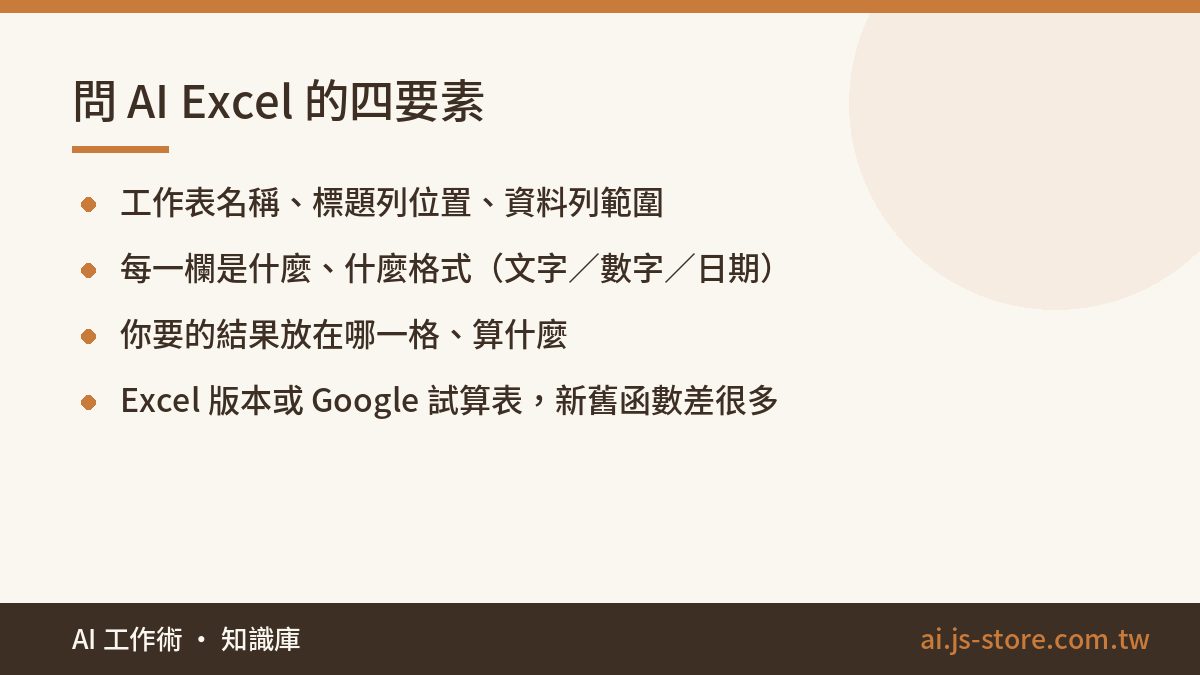 問 AI Excel 的四要素:工作表名稱、標題列位置、資料列範圍、每一欄是什麼、什麼格式（文字／數字／日期）、你要的結果放在哪一格、算什麼、Excel 版本或 Google 試算表，新舊函數差很多