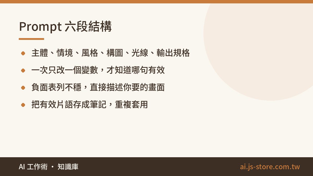 Prompt 六段結構:主體、情境、風格、構圖、光線、輸出規格、一次只改一個變數，才知道哪句有效、負面表列不穩，直接描述你要的畫面、把有效片語存成筆記，重複套用