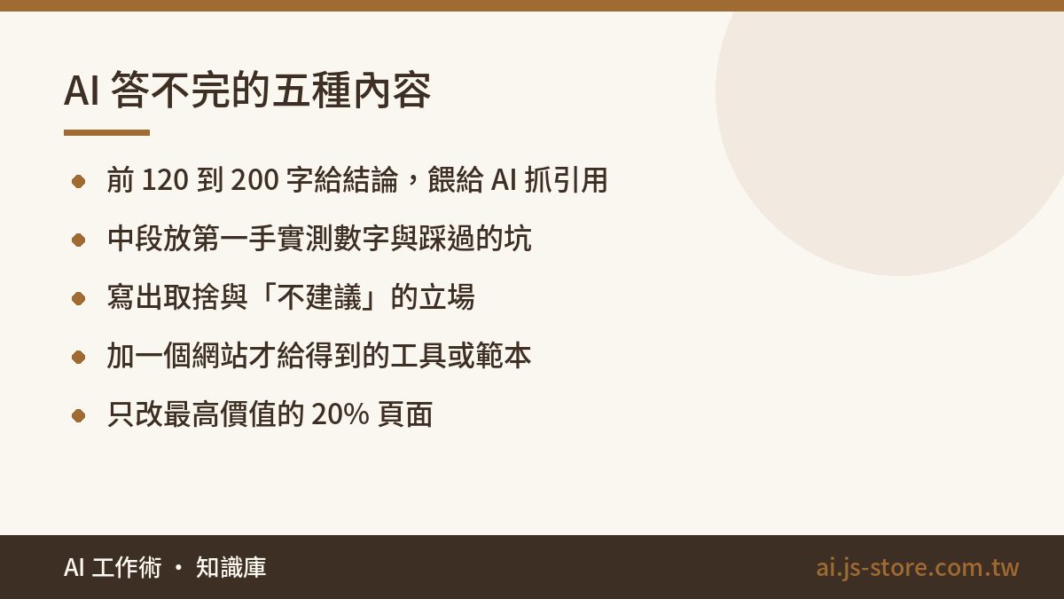 AI 答不完的五種內容:前 120 到 200 字給結論，餵給 AI 抓引用、中段放第一手實測數字與踩過的坑、寫出取捨與「不建議」的立場、加一個網站才給得到的工具或範本、只改最高價值的 20% 頁面