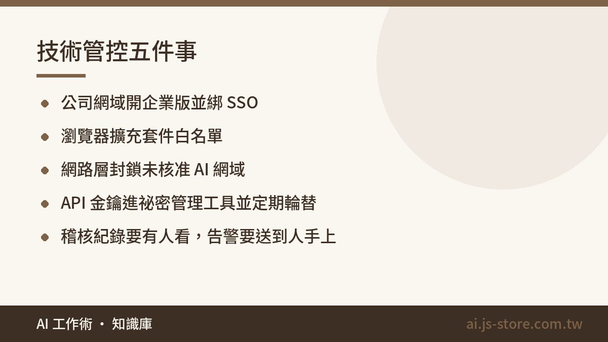 技術管控五件事:公司網域開企業版並綁 SSO、瀏覽器擴充套件白名單、網路層封鎖未核准 AI 網域、API 金鑰進祕密管理工具並定期輪替、稽核紀錄要有人看，告警要送到人手上