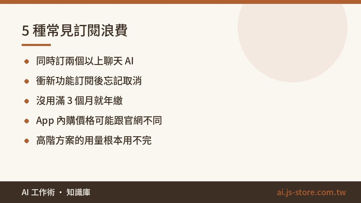 5 種常見訂閱浪費:同時訂兩個以上聊天 AI、衝新功能訂閱後忘記取消、沒用滿 3 個月就年繳、App 內購價格可能跟官網不同、高階方案的用量根本用不完