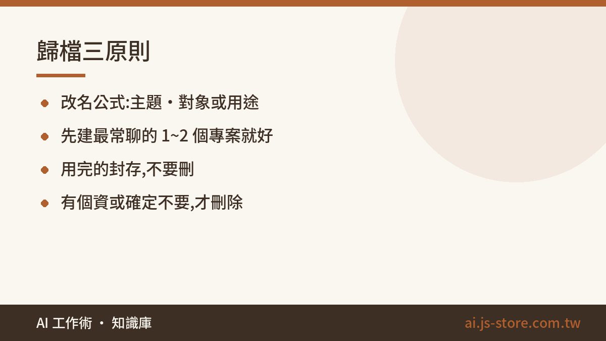 歸檔三原則:改名公式:主題・對象或用途、先建最常聊的 1~2 個專案就好、用完的封存,不要刪、有個資或確定不要,才刪除