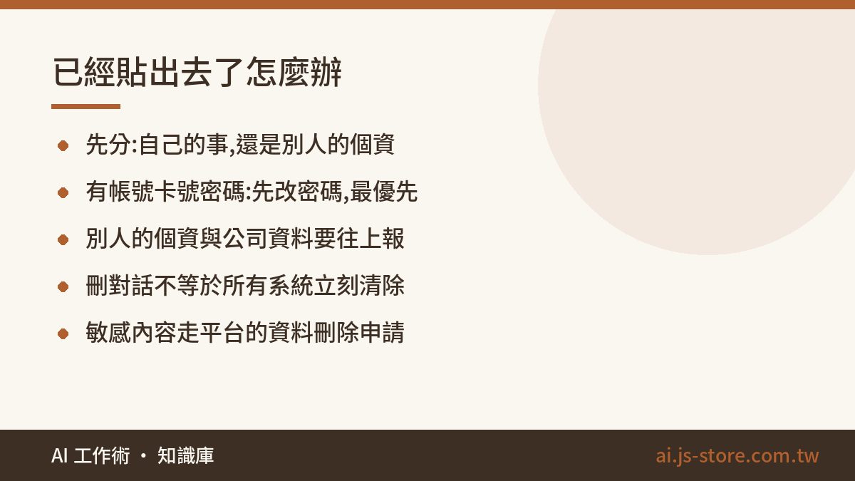 已經貼出去了怎麼辦:先分:自己的事,還是別人的個資、有帳號卡號密碼:先改密碼,最優先、別人的個資與公司資料要往上報、刪對話不等於所有系統立刻清除、敏感內容走平台的資料刪除申請