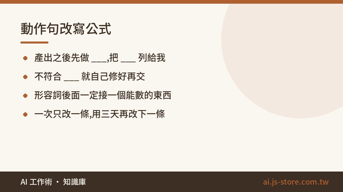 動作句改寫公式:產出之後先做 ___,把 ___ 列給我、不符合 ___ 就自己修好再交、形容詞後面一定接一個能數的東西、一次只改一條,用三天再改下一條