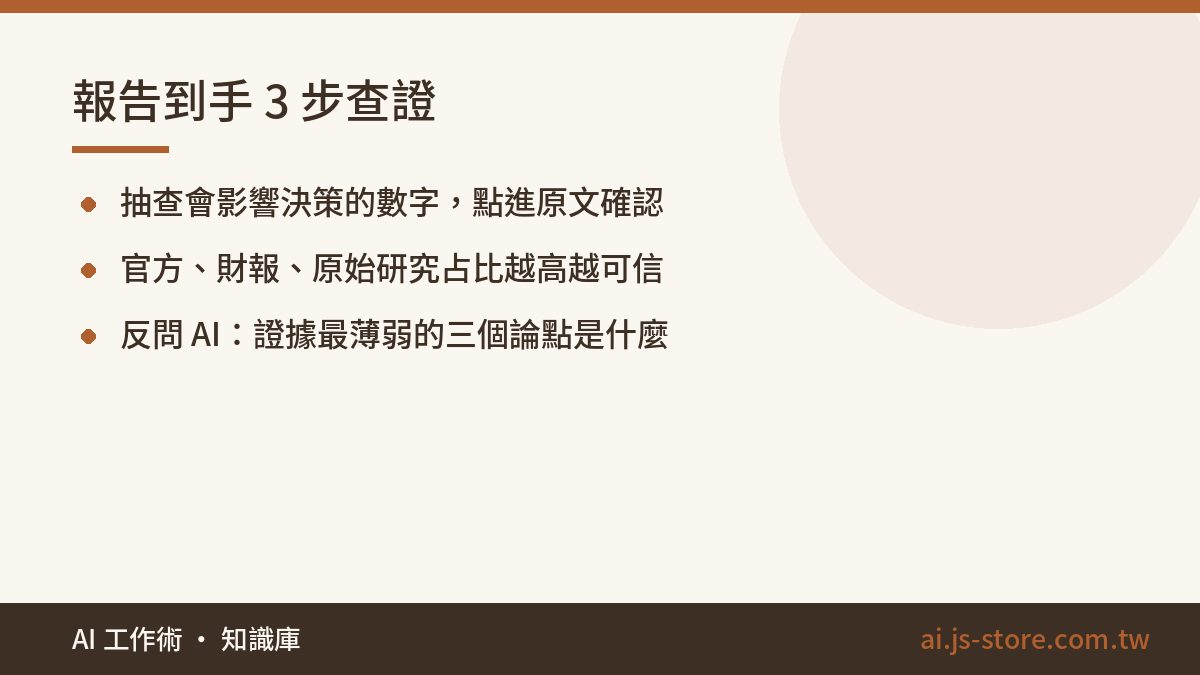 報告到手 3 步查證:抽查會影響決策的數字，點進原文確認、官方、財報、原始研究占比越高越可信、反問 AI：證據最薄弱的三個論點是什麼