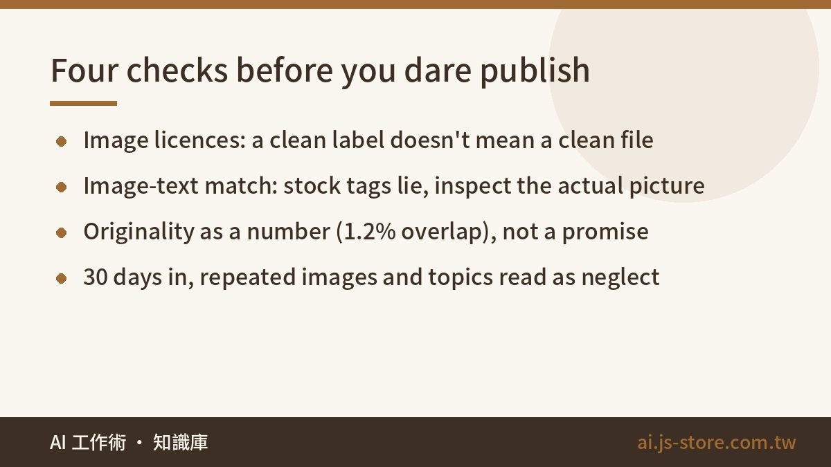 Four checks before you dare publish:Image licences: a clean label doesn't mean a clean file、Image-text match: stock tags