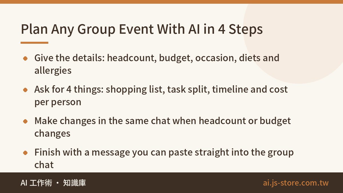 Plan Any Group Event With AI in 4 Steps:Give the details: headcount, budget, occasion, diets and allergies、Ask for 4 thi