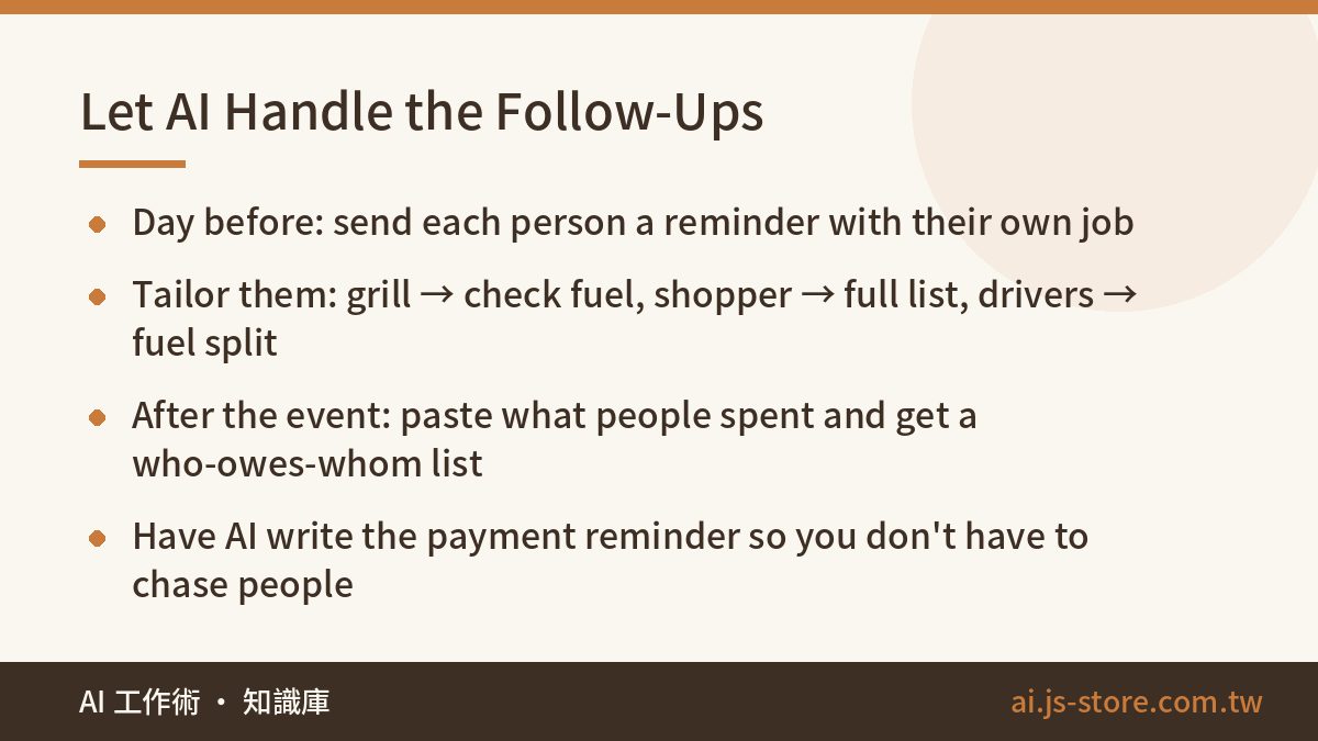 Let AI Handle the Follow-Ups:Day before: send each person a reminder with their own job、Tailor them: grill → check fuel,