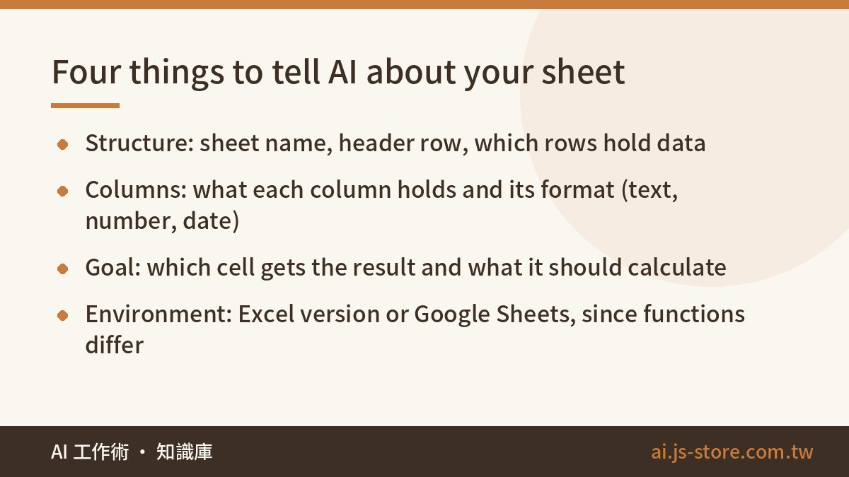 Four things to tell AI about your sheet:Structure: sheet name, header row, which rows hold data、Columns: what each colum