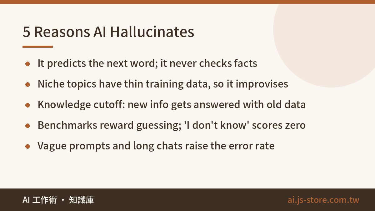 5 Reasons AI Hallucinates:It predicts the next word; it never checks facts、Niche topics have thin training data, so it i