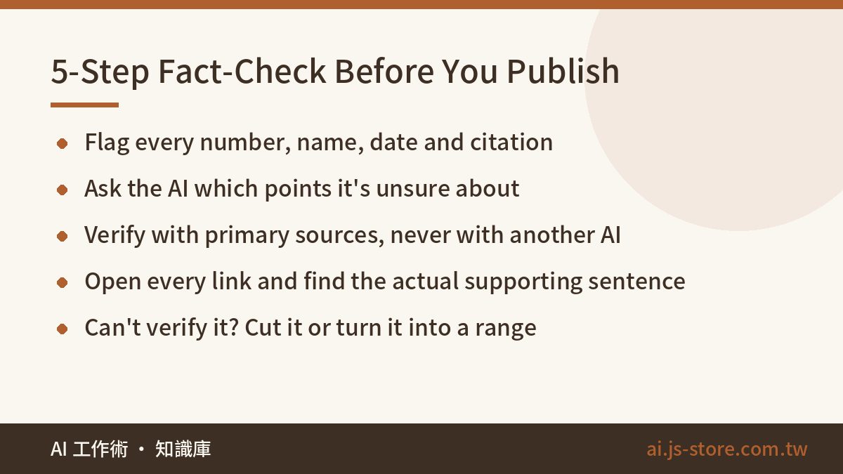 5-Step Fact-Check Before You Publish:Flag every number, name, date and citation、Ask the AI which points it's unsure abou