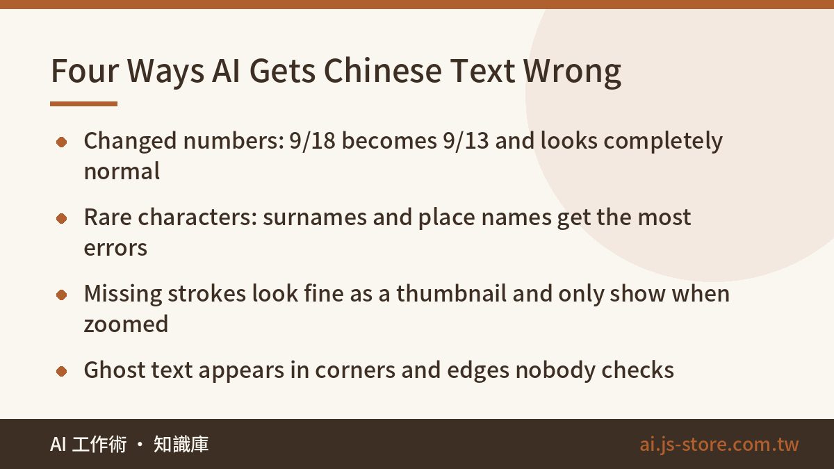 Four Ways AI Gets Chinese Text Wrong:Changed numbers: 9/18 becomes 9/13 and looks completely normal、Rare characters: sur