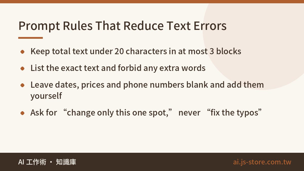 Prompt Rules That Reduce Text Errors:Keep total text under 20 characters in at most 3 blocks、List the exact text and for