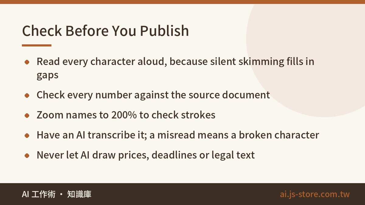 Check Before You Publish:Read every character aloud, because silent skimming fills in gaps、Check every number against th