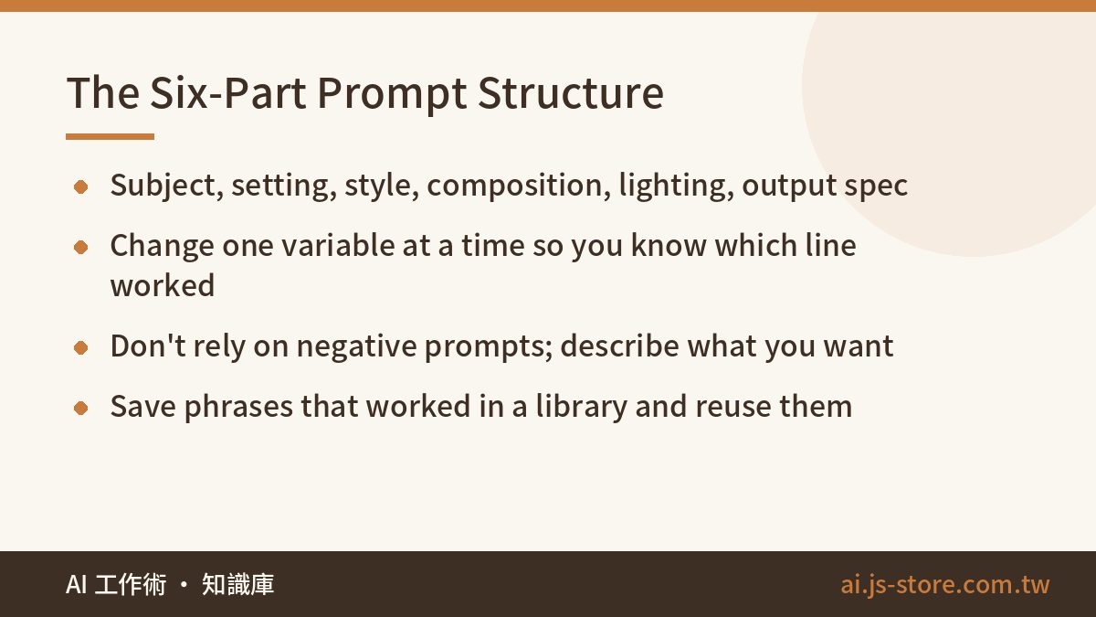 The Six-Part Prompt Structure:Subject, setting, style, composition, lighting, output spec、Change one variable at a time 