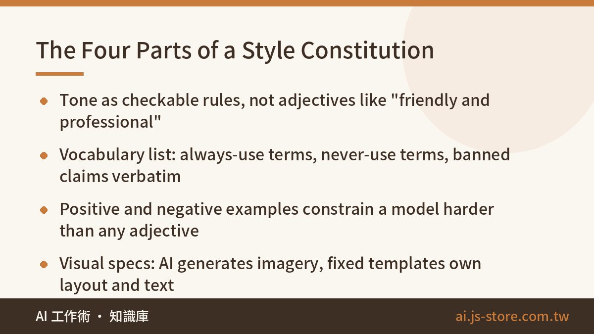The Four Parts of a Style Constitution:Tone as checkable rules, not adjectives like "friendly and professional"、Vocabula