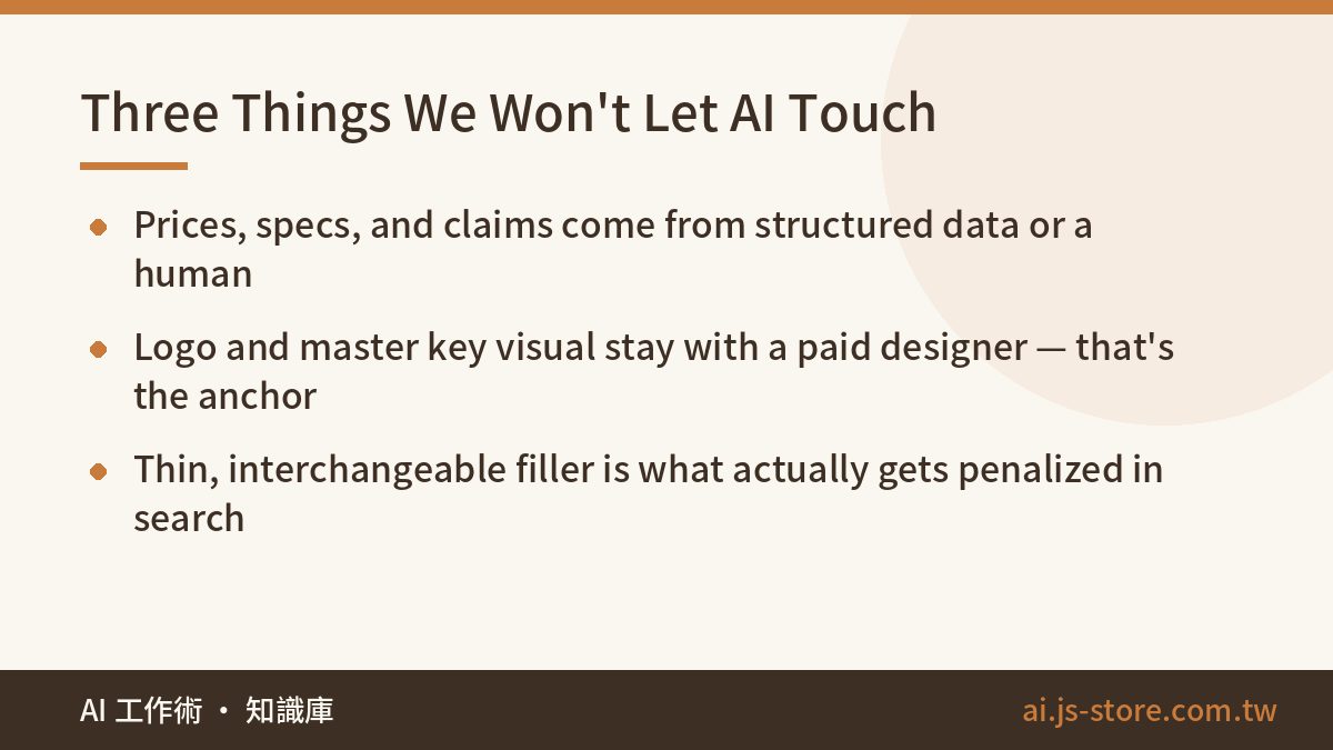 Three Things We Won't Let AI Touch:Prices, specs, and claims come from structured data or a human、Logo and master key vi