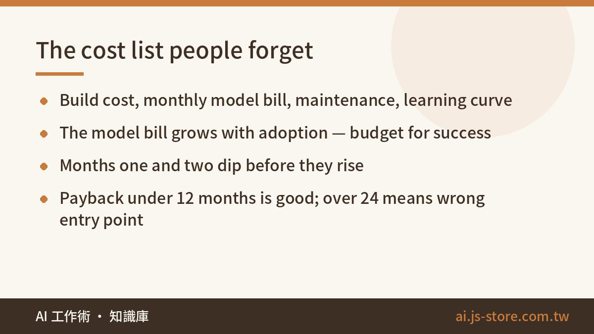 The cost list people forget:Build cost, monthly model bill, maintenance, learning curve、The model bill grows with adopti