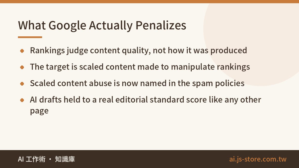 What Google Actually Penalizes:Rankings judge content quality, not how it was produced、The target is scaled content made