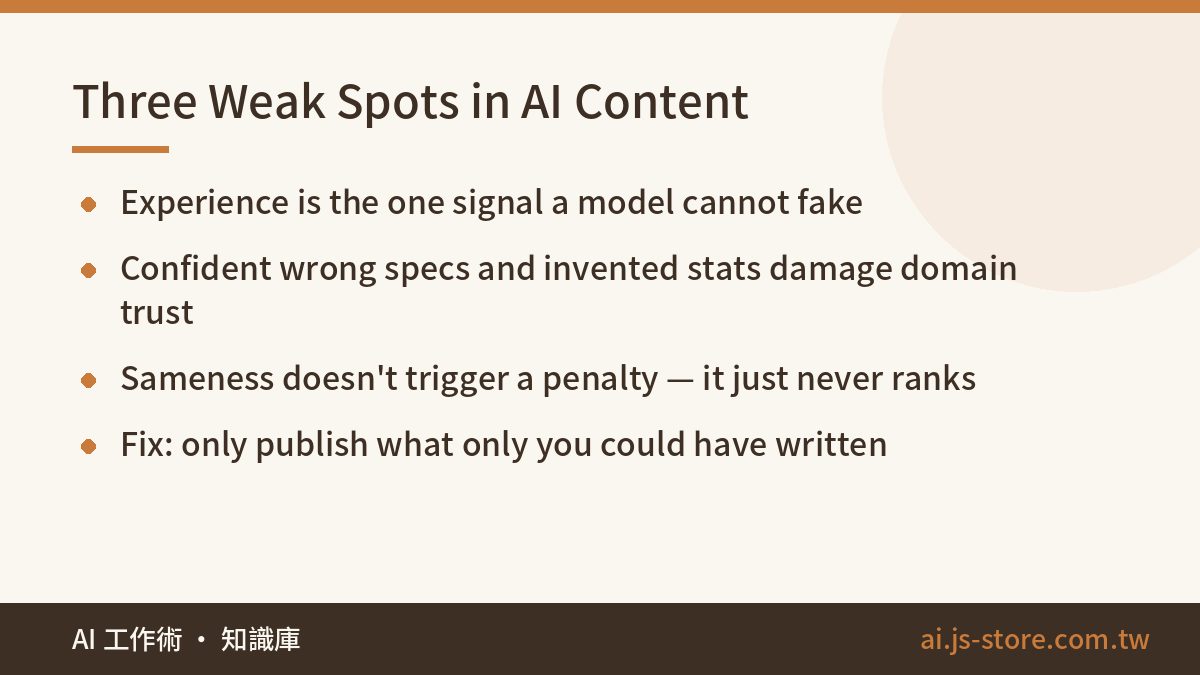 Three Weak Spots in AI Content:Experience is the one signal a model cannot fake、Confident wrong specs and invented stats