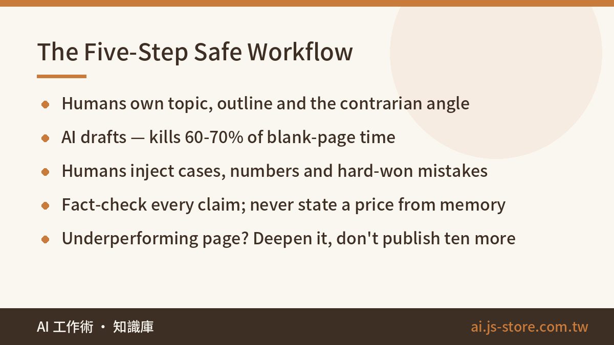 The Five-Step Safe Workflow:Humans own topic, outline and the contrarian angle、AI drafts — kills 60-70% of blank-page ti