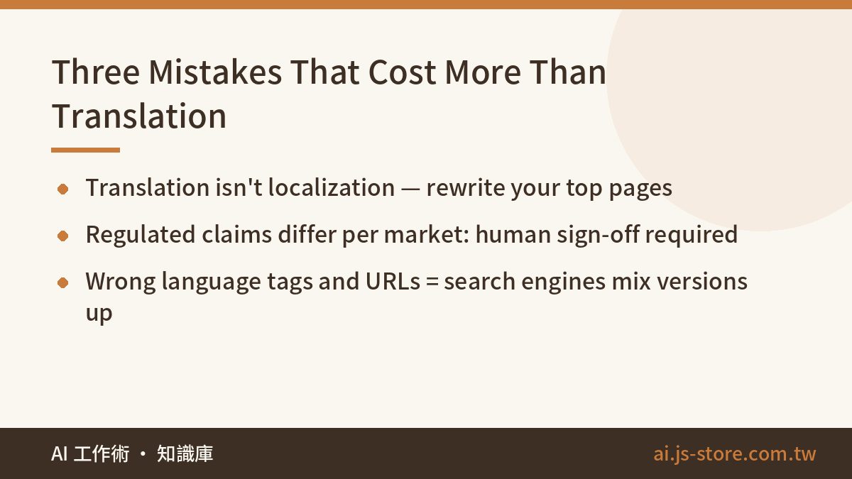 Three Mistakes That Cost More Than Translation:Translation isn't localization — rewrite your top pages、Regulated claims 