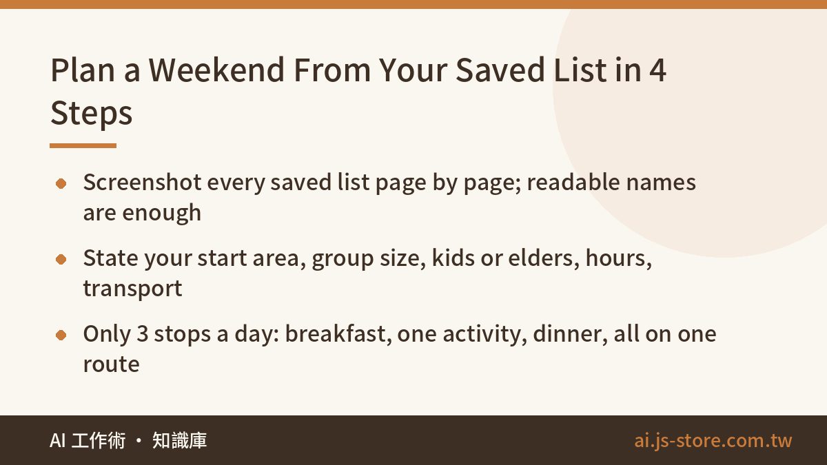 Plan a Weekend From Your Saved List in 4 Steps:Screenshot every saved list page by page; readable names are enough、State