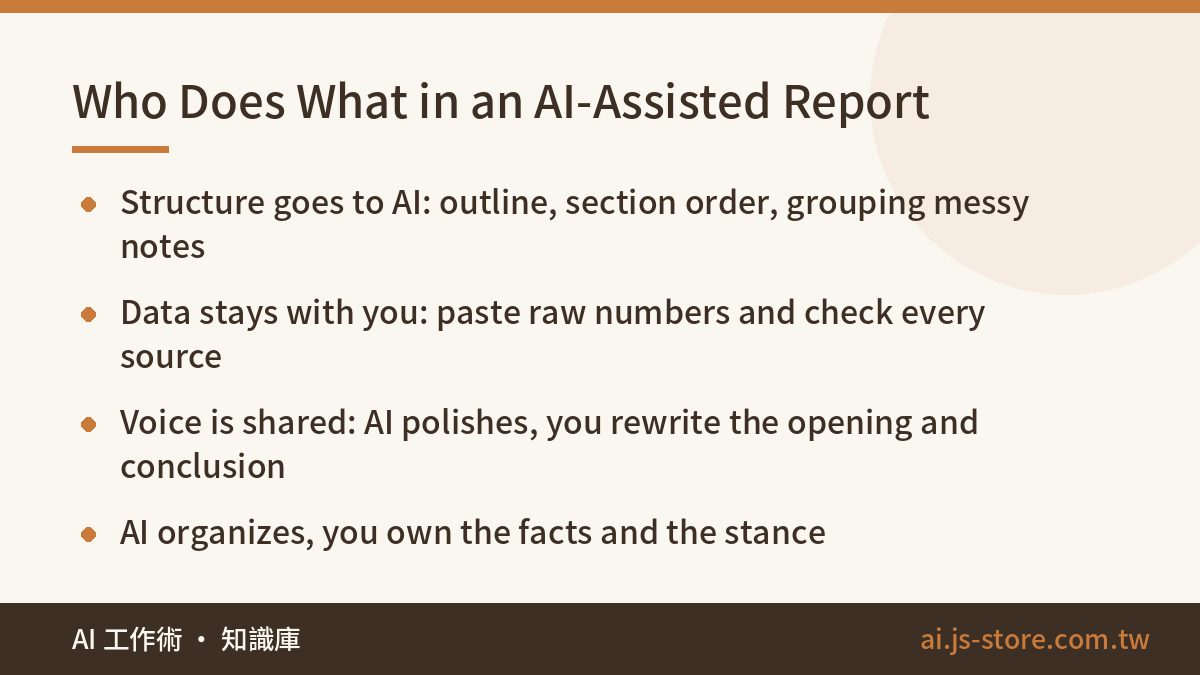 Who Does What in an AI-Assisted Report:Structure goes to AI: outline, section order, grouping messy notes、Data stays wit