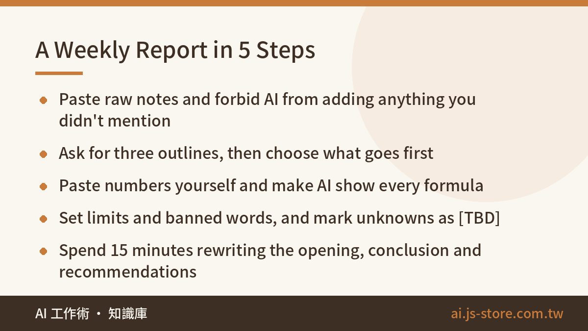 A Weekly Report in 5 Steps:Paste raw notes and forbid AI from adding anything you didn't mention、Ask for three outlines,