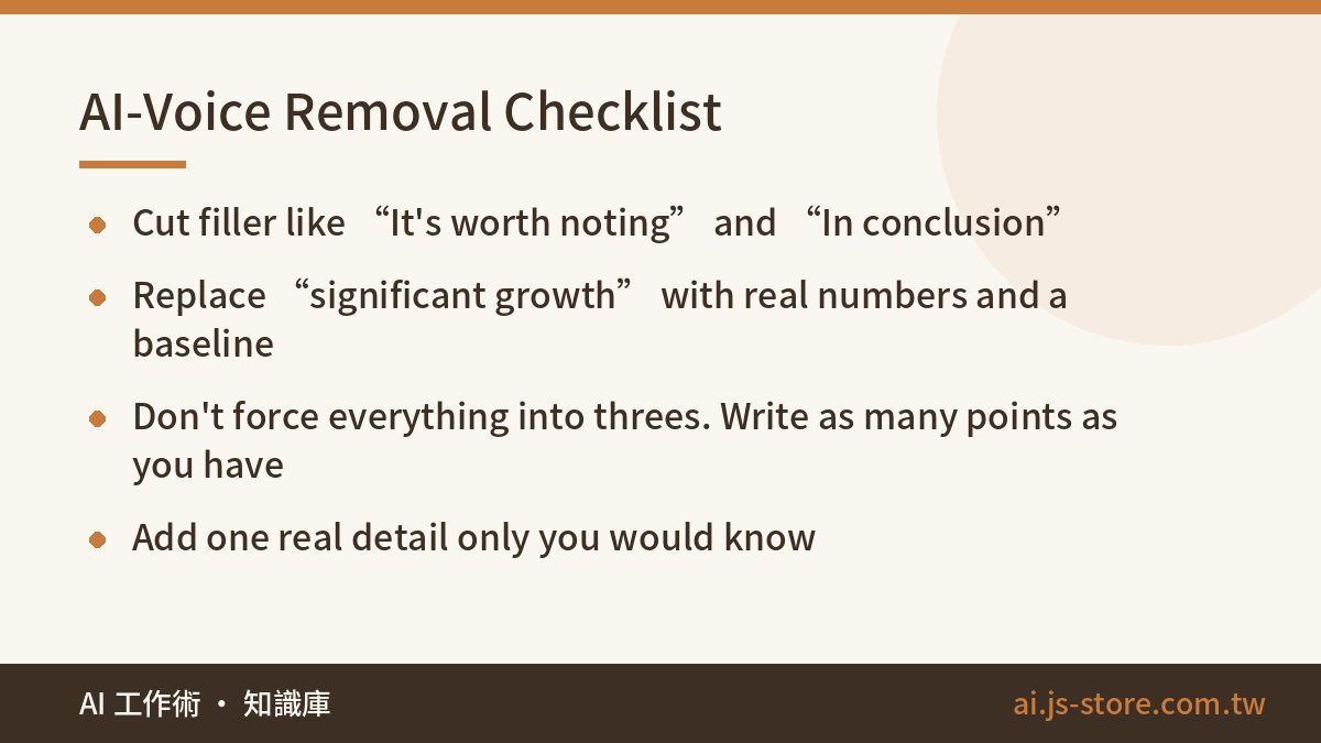 AI-Voice Removal Checklist:Cut filler like “It's worth noting” and “In conclusion”、Replace “significant growth” with rea
