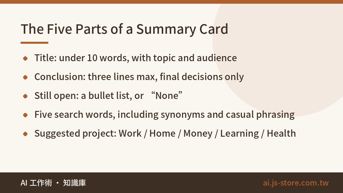 The Five Parts of a Summary Card:Title: under 10 words, with topic and audience、Conclusion: three lines max, final decis