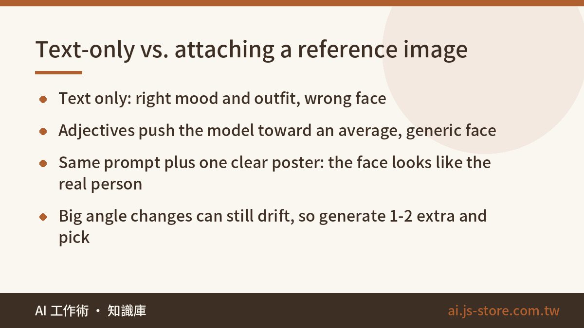 Text-only vs. attaching a reference image:Text only: right mood and outfit, wrong face、Adjectives push the model toward 