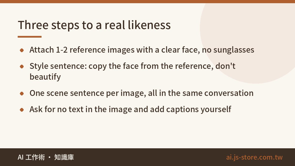Three steps to a real likeness:Attach 1-2 reference images with a clear face, no sunglasses、Style sentence: copy the fac