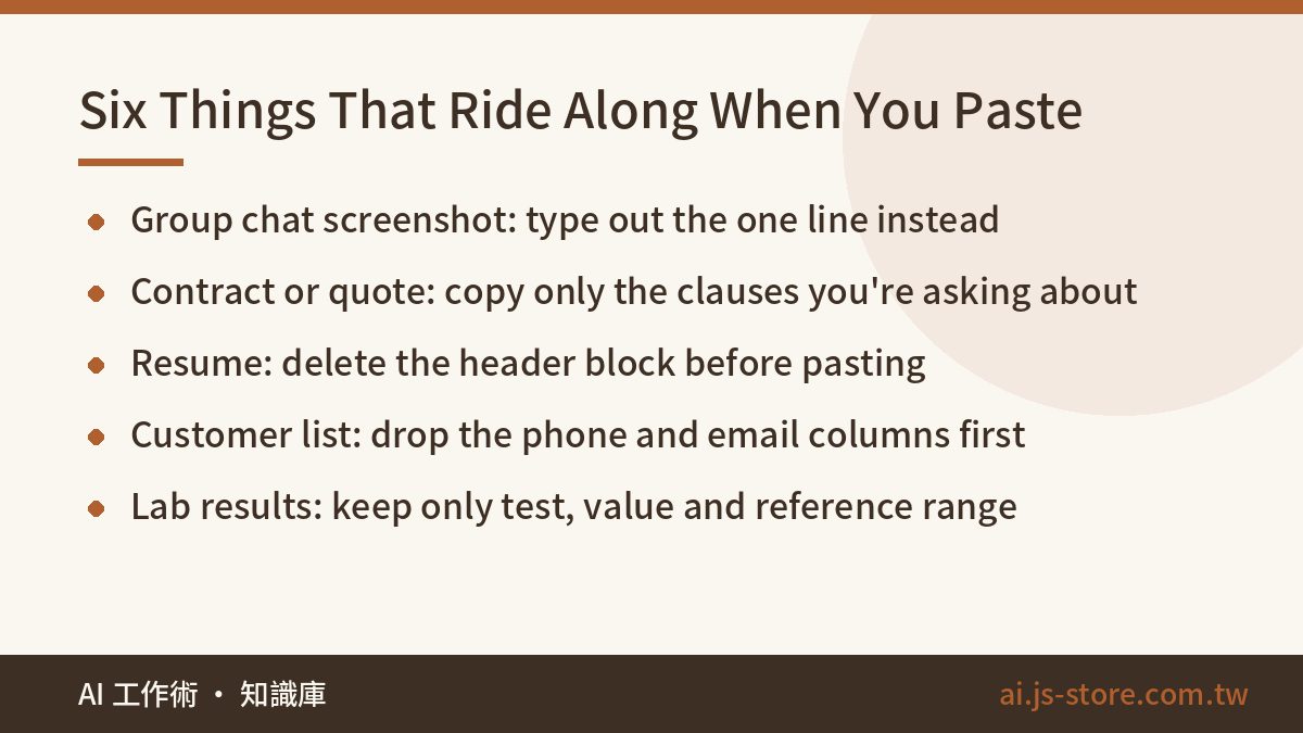 Six Things That Ride Along When You Paste:Group chat screenshot: type out the one line instead、Contract or quote: copy o