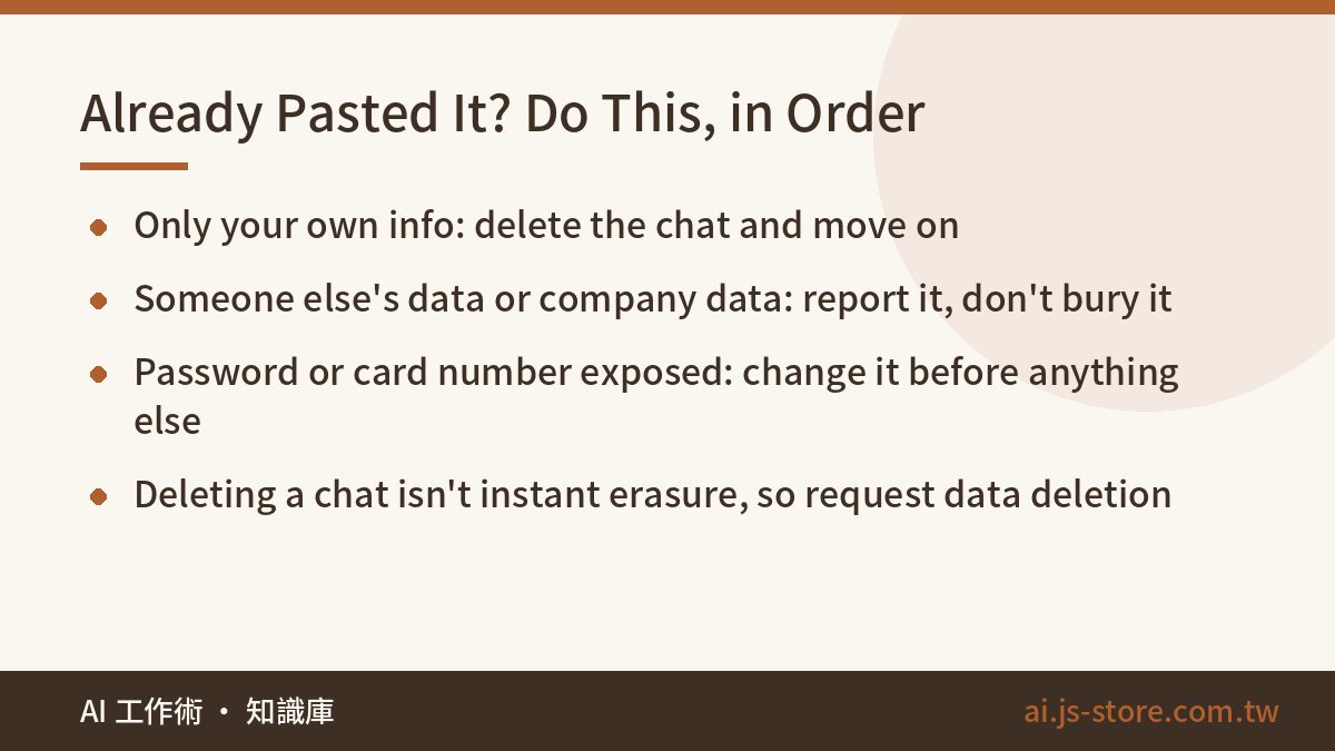 Already Pasted It? Do This, in Order:Only your own info: delete the chat and move on、Someone else's data or company data
