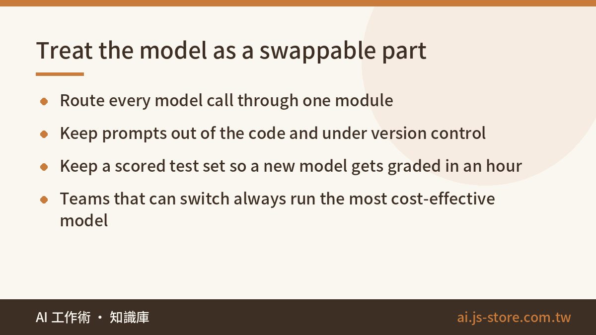 Treat the model as a swappable part:Route every model call through one module、Keep prompts out of the code and under ver