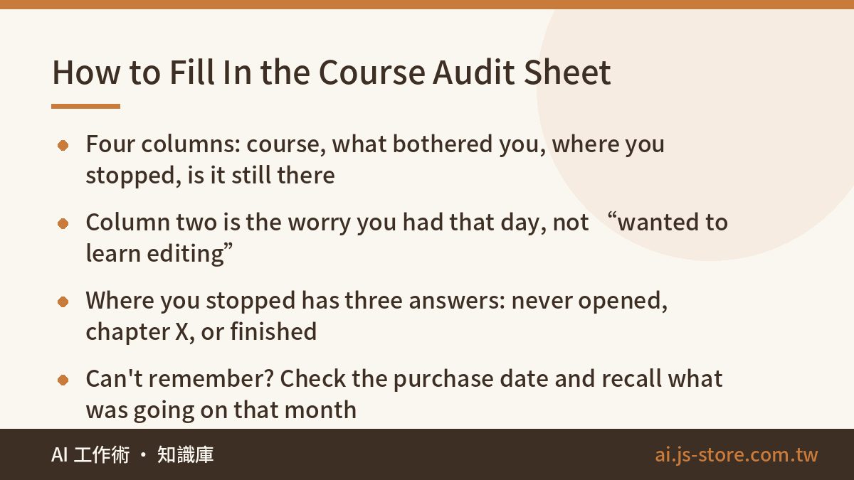 How to Fill In the Course Audit Sheet:Four columns: course, what bothered you, where you stopped, is it still there、Colu