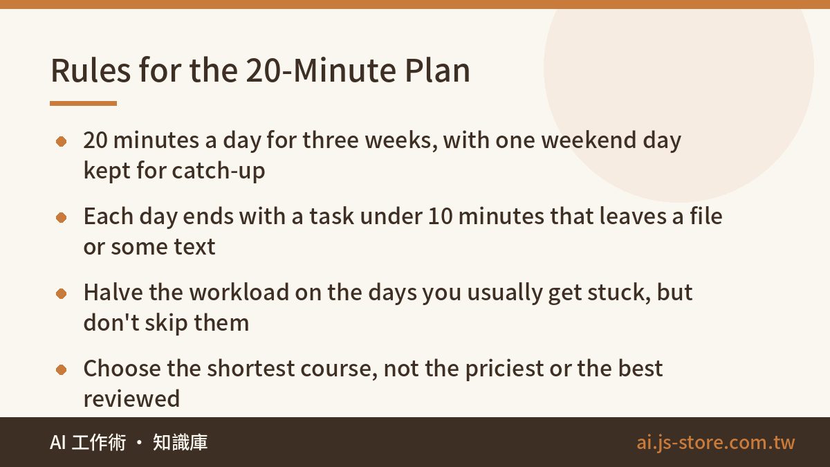 Rules for the 20-Minute Plan:20 minutes a day for three weeks, with one weekend day kept for catch-up、Each day ends with