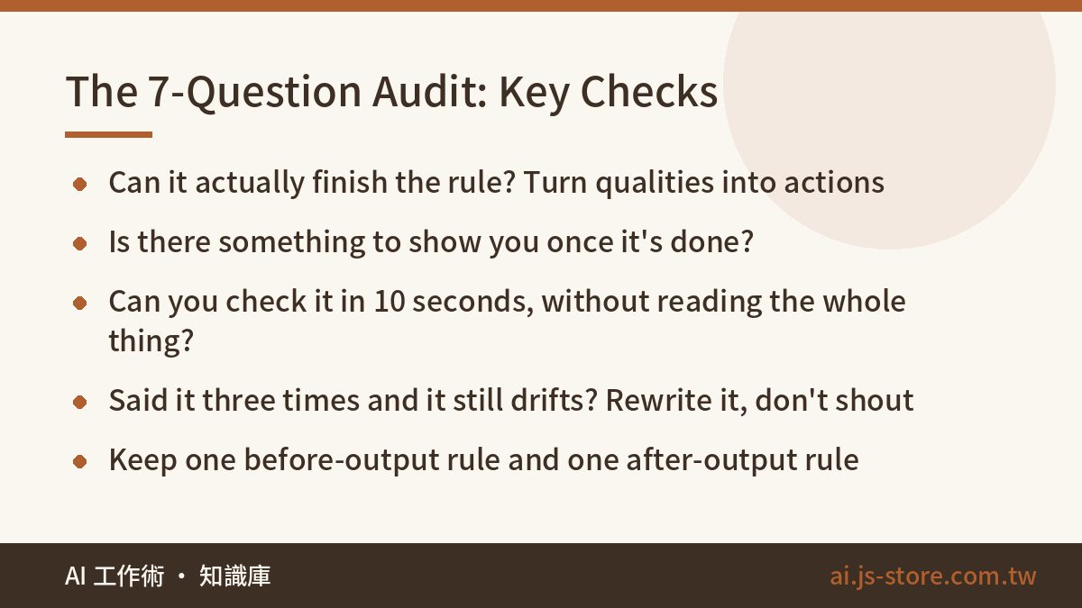 The 7-Question Audit: Key Checks:Can it actually finish the rule? Turn qualities into actions、Is there something to show