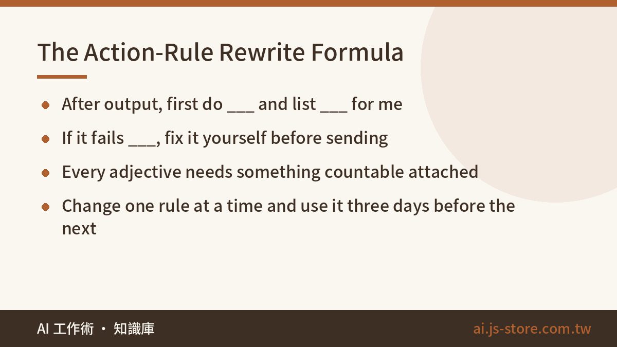 The Action-Rule Rewrite Formula:After output, first do ___ and list ___ for me、If it fails ___, fix it yourself before s