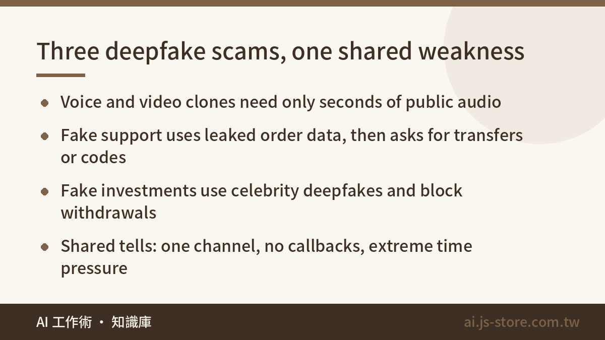 Three deepfake scams, one shared weakness:Voice and video clones need only seconds of public audio、Fake support uses lea
