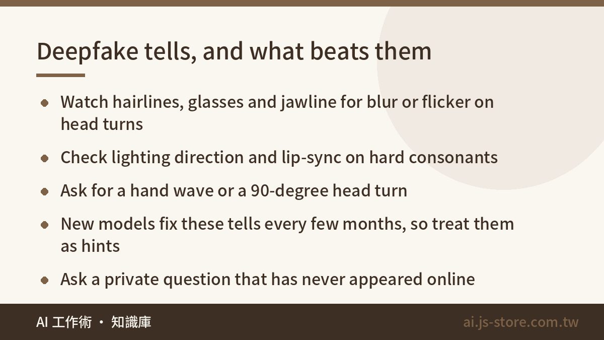 Deepfake tells, and what beats them:Watch hairlines, glasses and jawline for blur or flicker on head turns、Check lightin