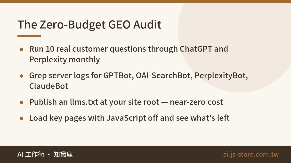 The Zero-Budget GEO Audit:Run 10 real customer questions through ChatGPT and Perplexity monthly、Grep server logs for GPT