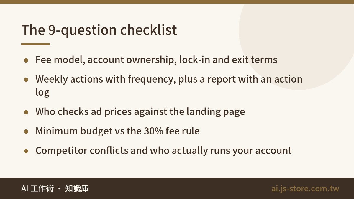 The 9-question checklist:Fee model, account ownership, lock-in and exit terms、Weekly actions with frequency, plus a repo