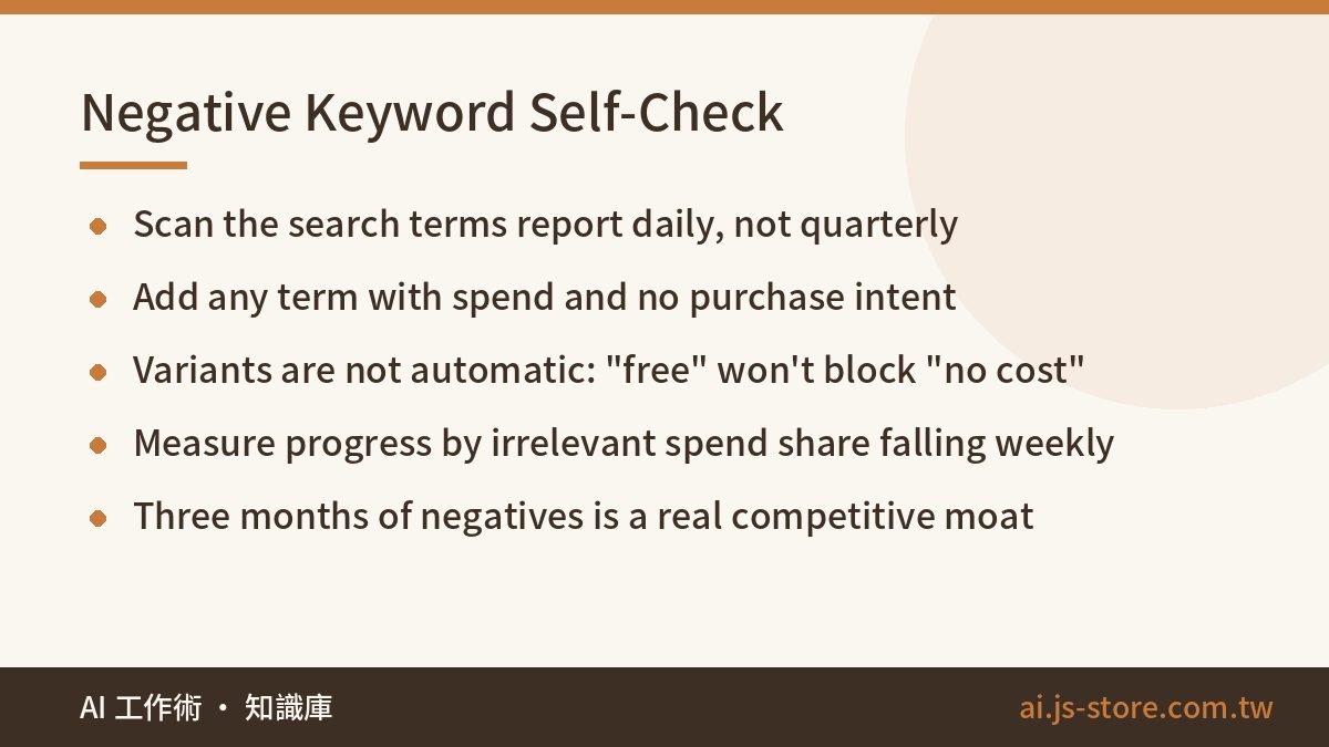 Negative Keyword Self-Check:Scan the search terms report daily, not quarterly、Add any term with spend and no purchase in