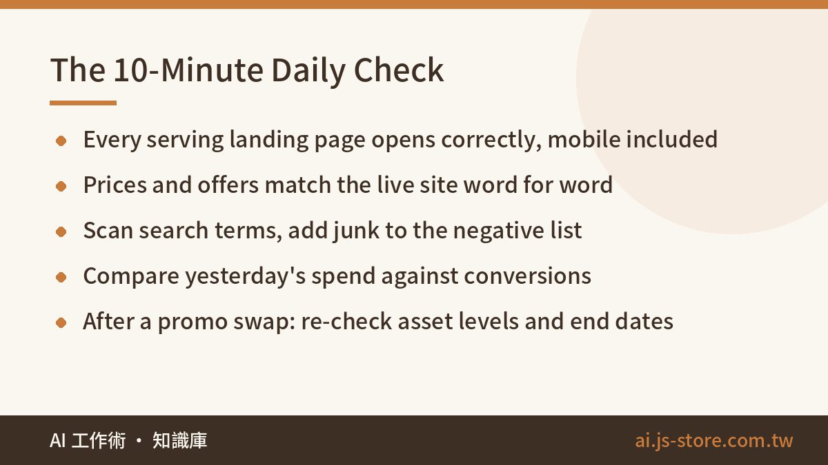 The 10-Minute Daily Check:Every serving landing page opens correctly, mobile included、Prices and offers match the live s