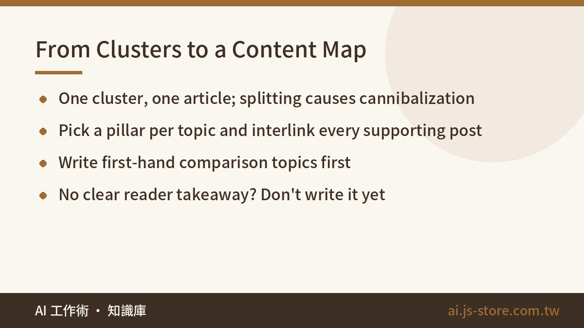 From Clusters to a Content Map:One cluster, one article; splitting causes cannibalization、Pick a pillar per topic and in