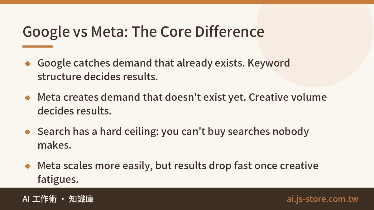 Google vs Meta: The Core Difference:Google catches demand that already exists. Keyword structure decides results.、Meta c
