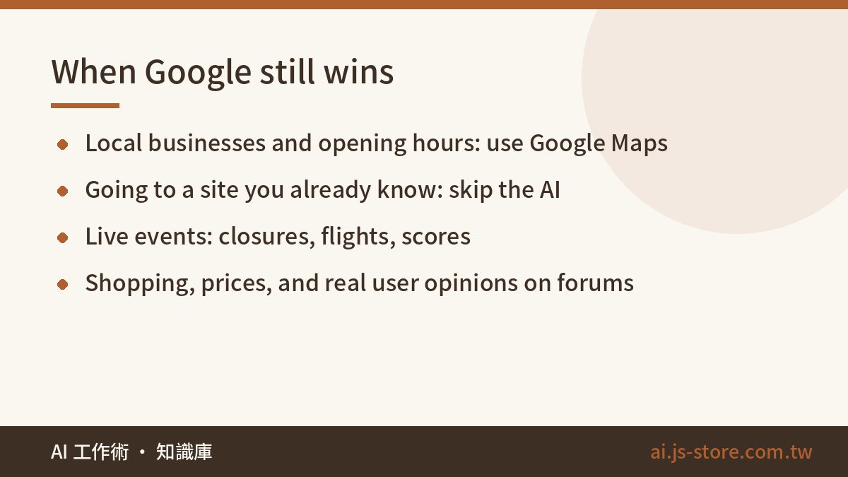 When Google still wins:Local businesses and opening hours: use Google Maps、Going to a site you already know: skip the AI