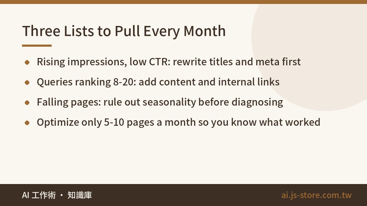 Three Lists to Pull Every Month:Rising impressions, low CTR: rewrite titles and meta first、Queries ranking 8-20: add con